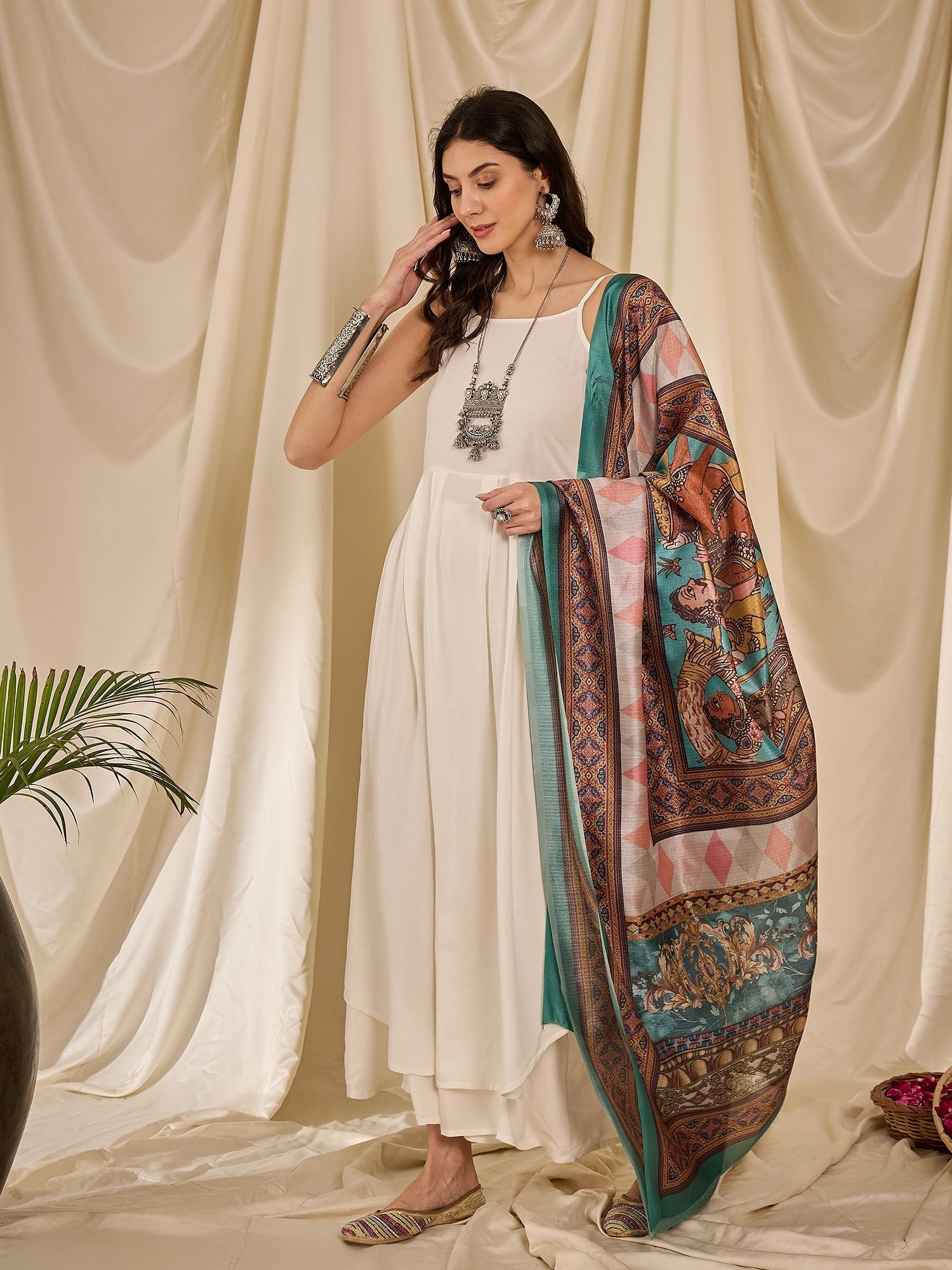 InWeave White Strappy Rama Green Dupatta Set | Grocsy