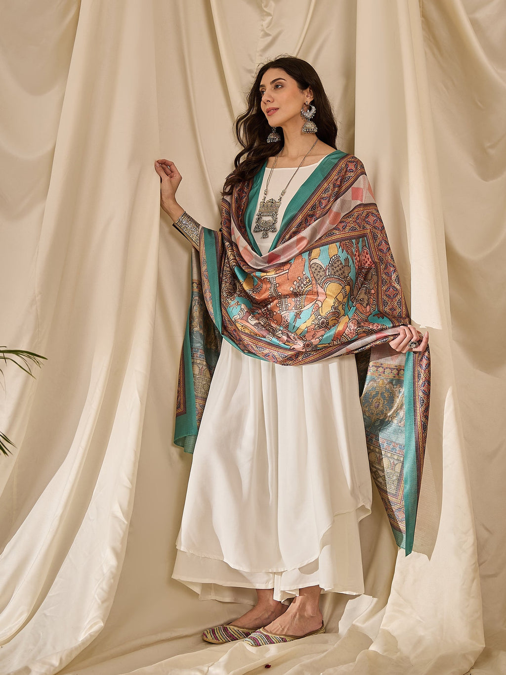 InWeave White Strappy Rama Green Dupatta Set | Grocsy