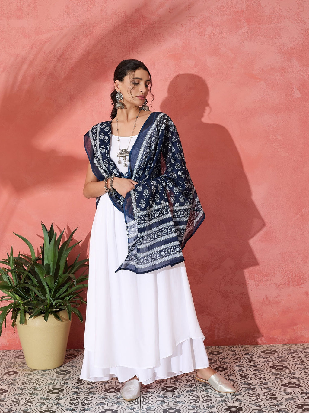 InWeave White Strappy Kurta Palazzo Set With Blue Floral Dupatta | Grocsy