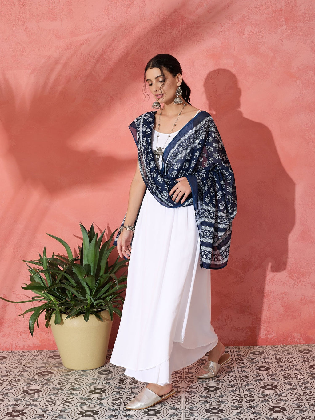 InWeave White Strappy Kurta Palazzo Set With Blue Floral Dupatta | Grocsy