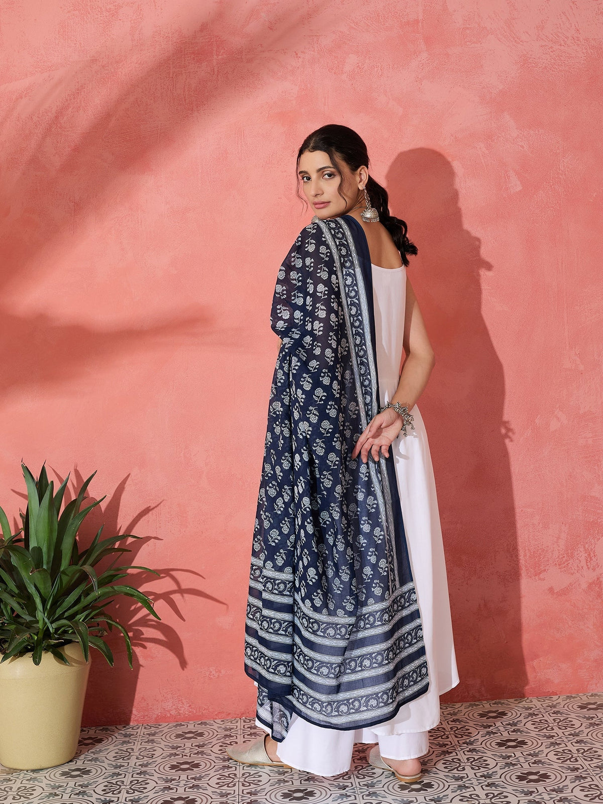 InWeave White Strappy Kurta Palazzo Set With Blue Floral Dupatta | Grocsy