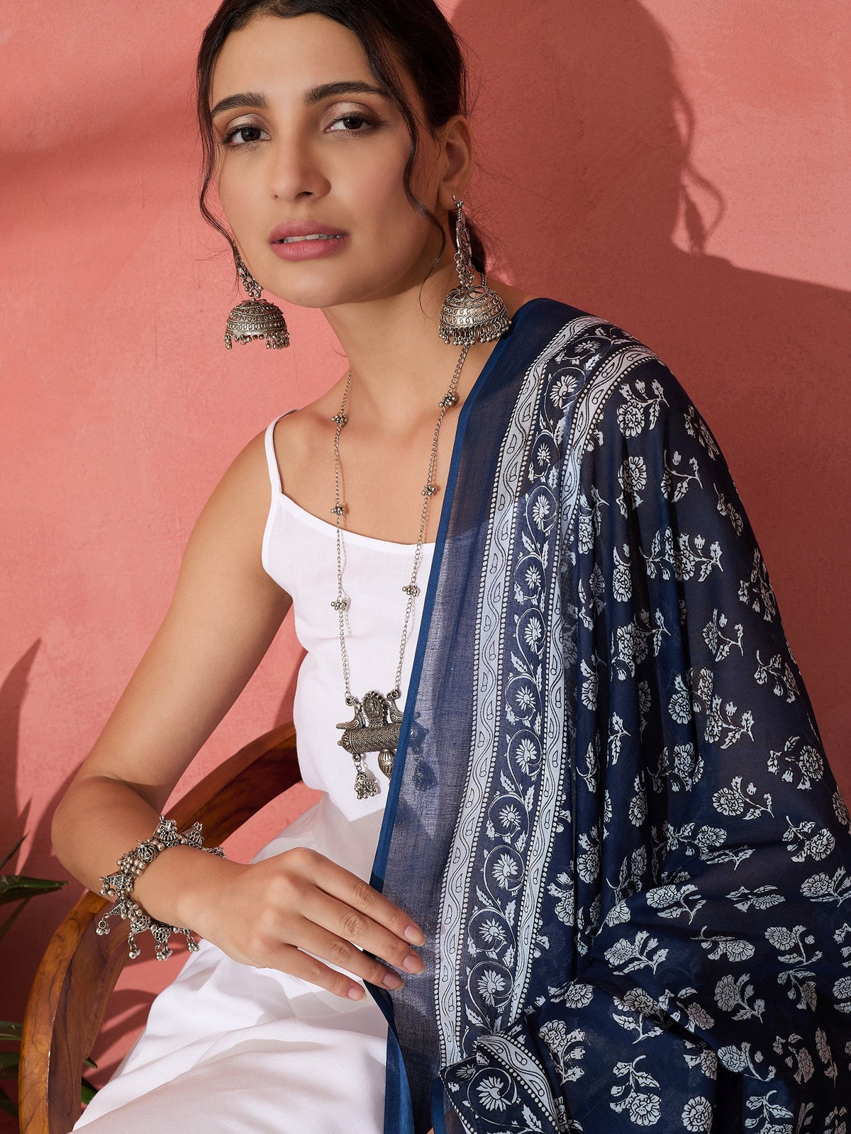 InWeave White Strappy Kurta Palazzo Set With Blue Floral Dupatta | Grocsy