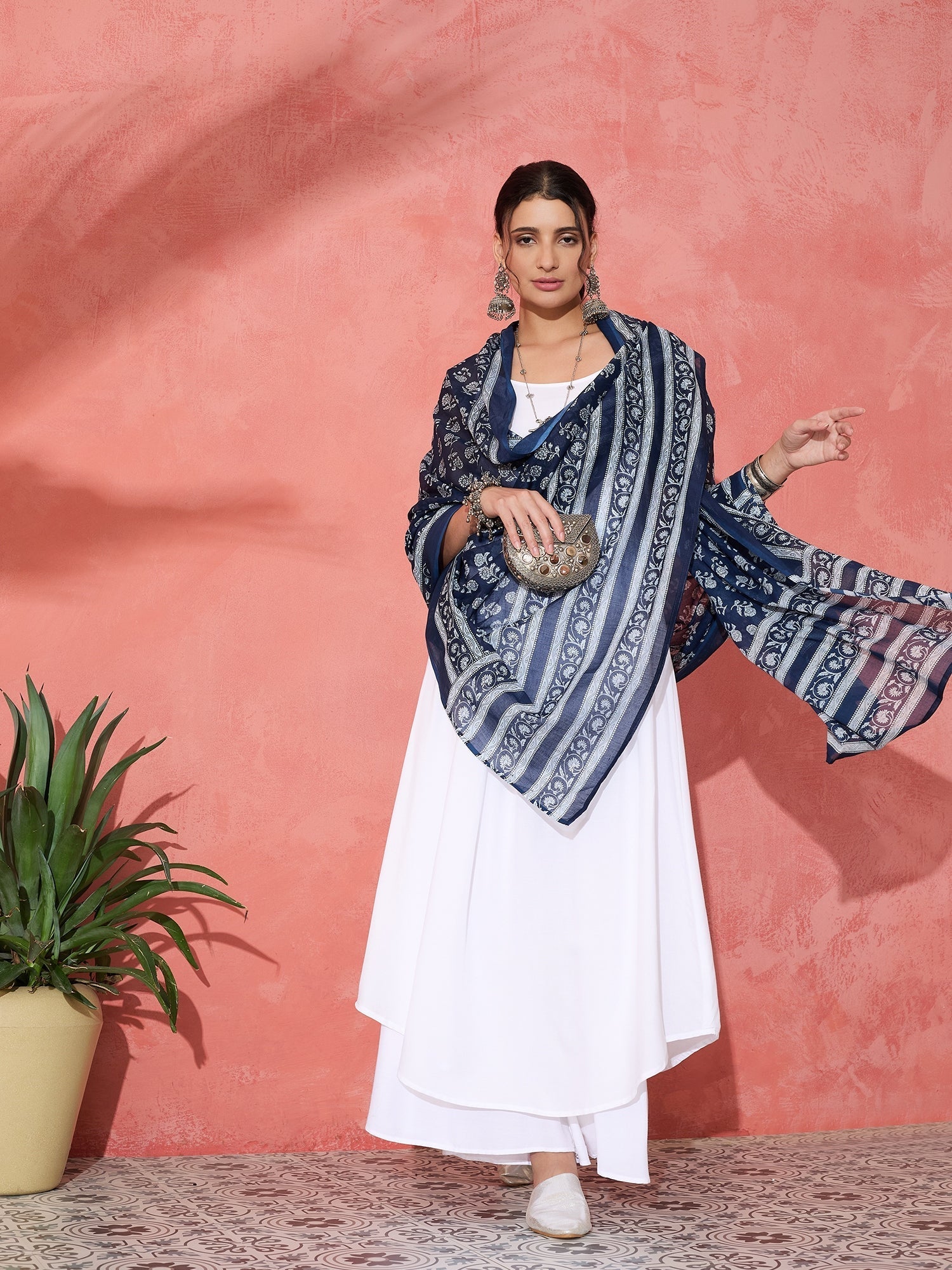 InWeave White Strappy Kurta Palazzo Set With Blue Floral Dupatta | Grocsy