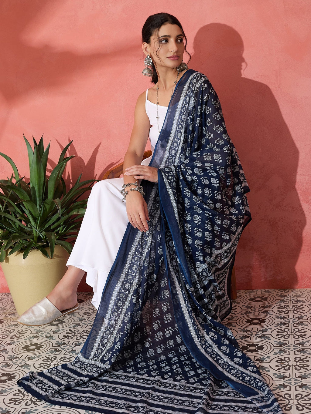 InWeave White Strappy Kurta Palazzo Set With Blue Floral Dupatta | Grocsy