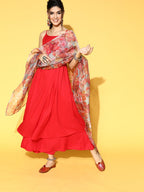 InWeave Strappy Set In Red With Organza Dupatta | Grocsy