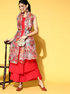 InWeave Strappy Set In Red With Organza Dupatta | Grocsy