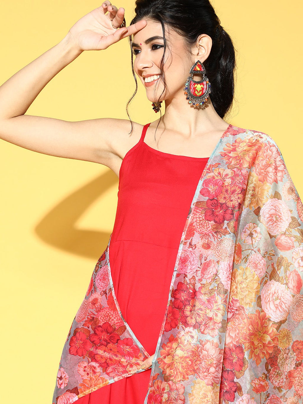 InWeave Strappy Set In Red With Organza Dupatta | Grocsy