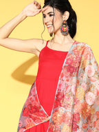 InWeave Strappy Set In Red With Organza Dupatta | Grocsy