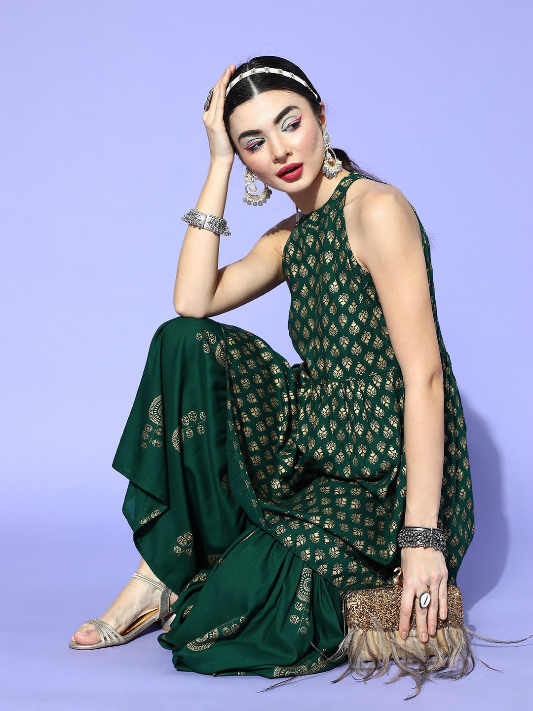InWeave Green Gold Work Sharara Set | Grocsy