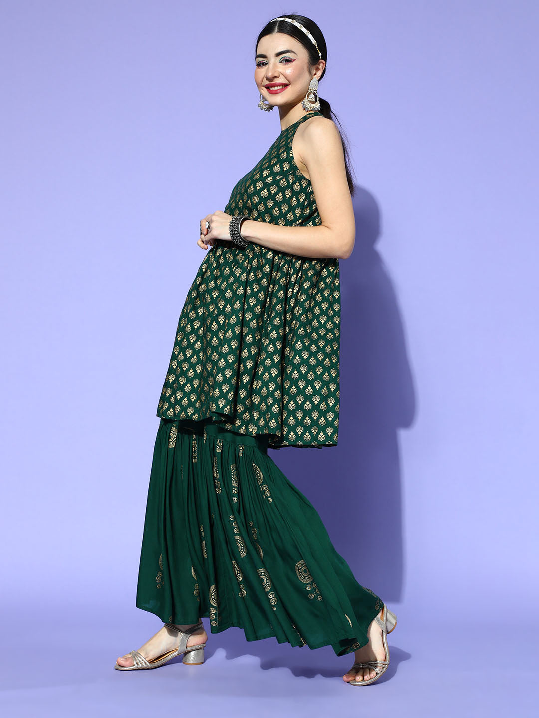 InWeave Green Gold Work Sharara Set | Grocsy
