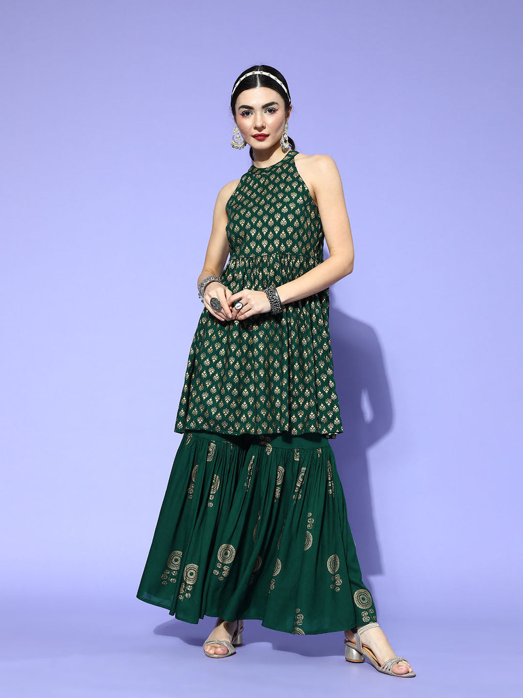 InWeave Green Gold Work Sharara Set | Grocsy