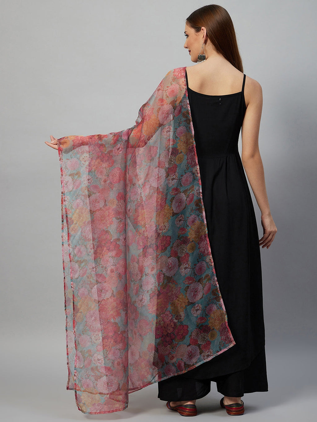 InWeave Black Strappy Set With Green Organza Dupatta | Grocsy