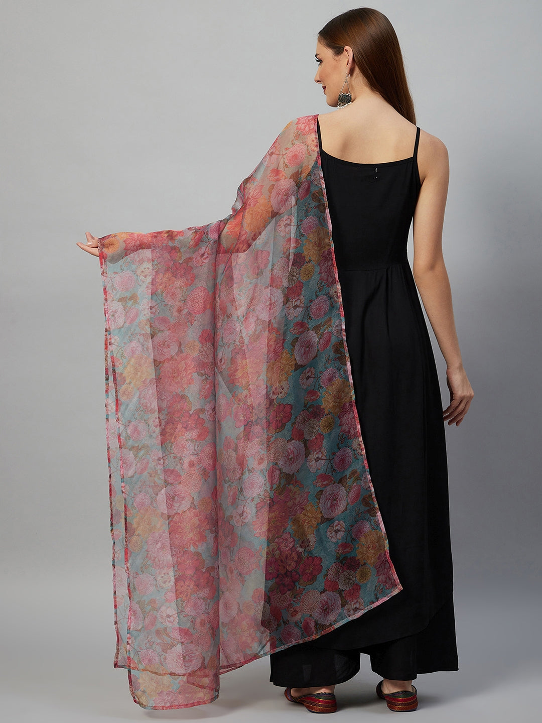 InWeave Black Strappy Set With Green Organza Dupatta | Grocsy