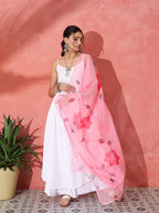InWeave White Strappy Kurta Set With Pink Hand Print Dupatta | Grocsy
