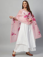 InWeave White Strappy Kurta Set - Pink Hand Print Dupatta | Grocsy