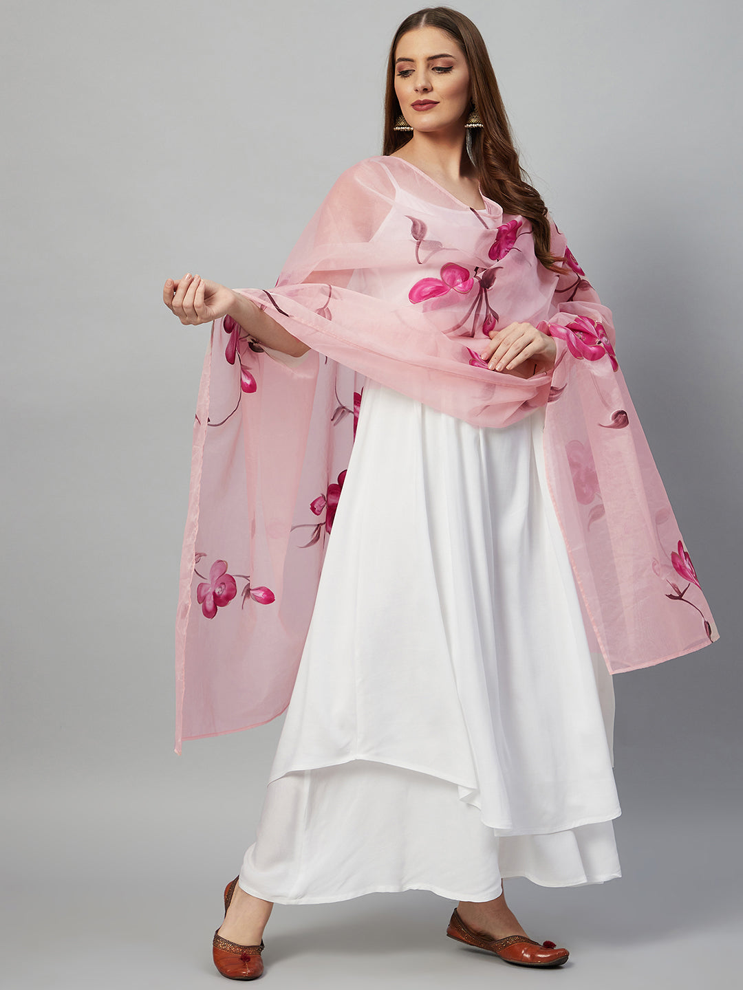 InWeave White Strappy Kurta Set - Pink Hand Print Dupatta | Grocsy