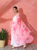 InWeave White Strappy Kurta Set With Pink Hand Print Dupatta | Grocsy