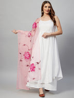 InWeave White Strappy Kurta Set - Pink Hand Print Dupatta | Grocsy