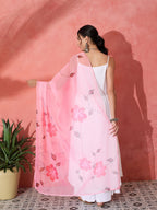 InWeave White Strappy Kurta Set With Pink Hand Print Dupatta | Grocsy