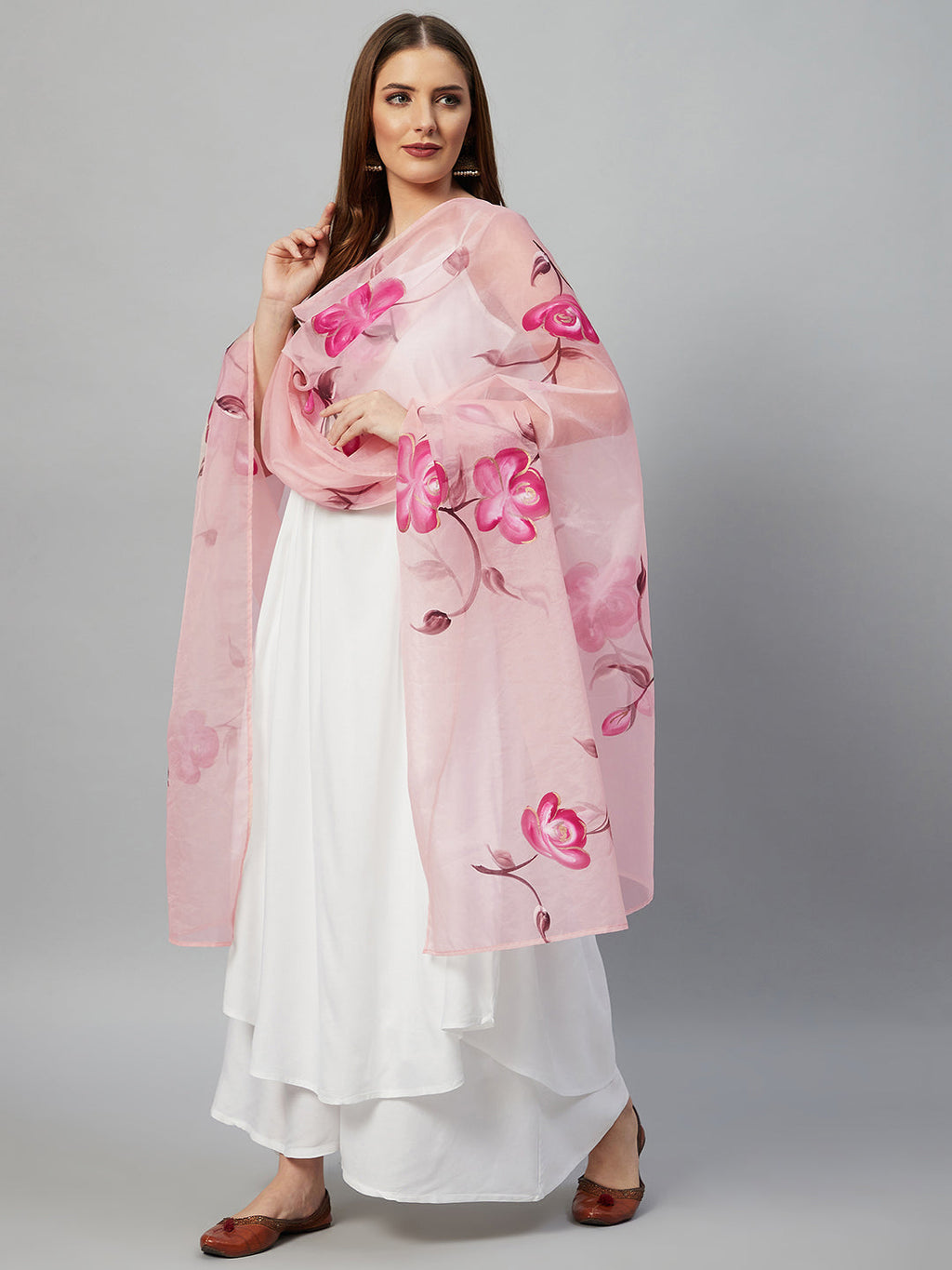 InWeave White Strappy Kurta Set - Pink Hand Print Dupatta | Grocsy