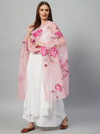InWeave White Strappy Kurta Set - Pink Hand Print Dupatta | Grocsy