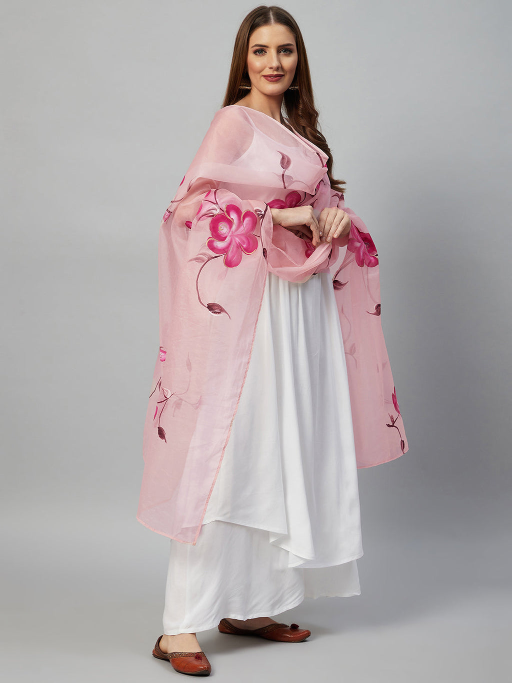 InWeave White Strappy Kurta Set - Pink Hand Print Dupatta | Grocsy