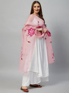 InWeave White Strappy Kurta Set - Pink Hand Print Dupatta | Grocsy