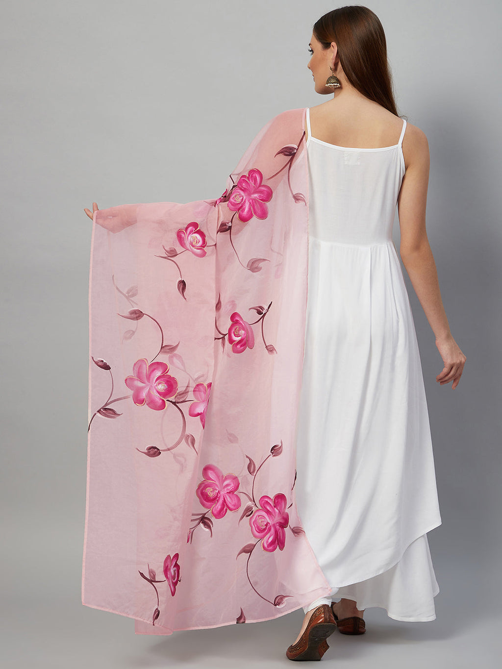 InWeave White Strappy Kurta Set - Pink Hand Print Dupatta | Grocsy
