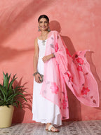 InWeave White Strappy Kurta Set With Pink Hand Print Dupatta | Grocsy