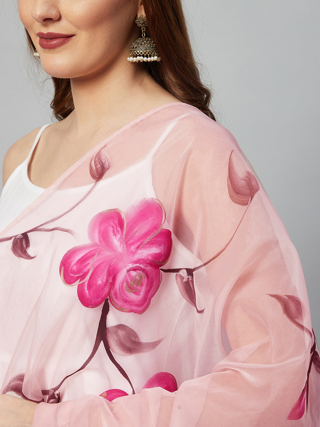 InWeave White Strappy Kurta Set - Pink Hand Print Dupatta | Grocsy