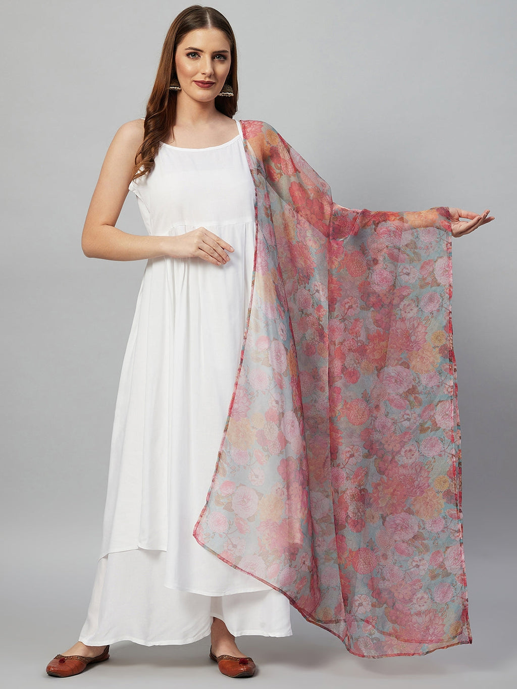 InWeave White Strappy Set - Green Organza Dupatta | Grocsy