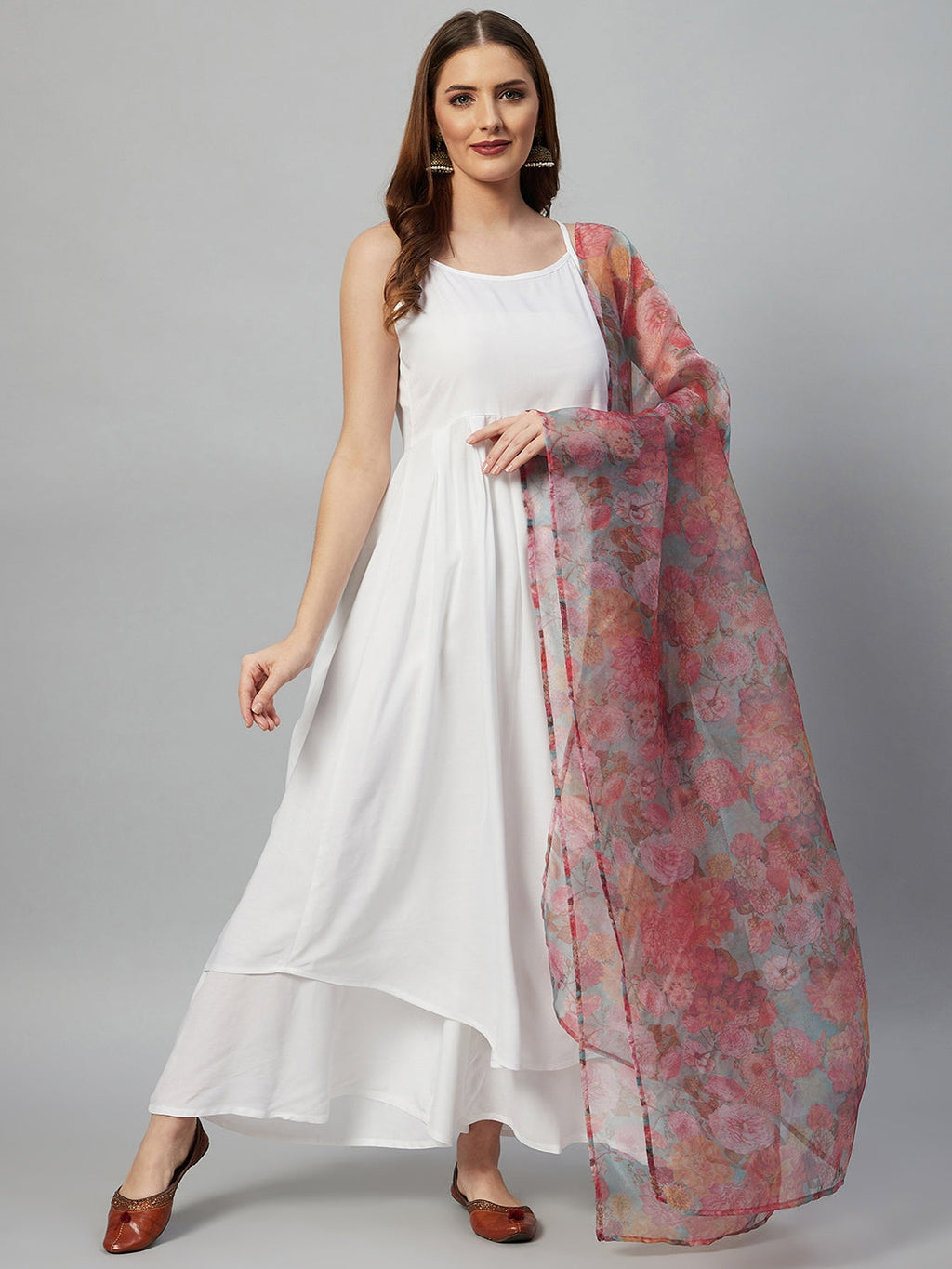 InWeave White Strappy Set - Green Organza Dupatta | Grocsy