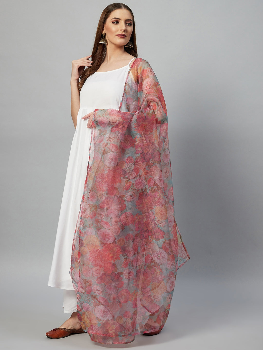 InWeave White Strappy Set - Green Organza Dupatta | Grocsy