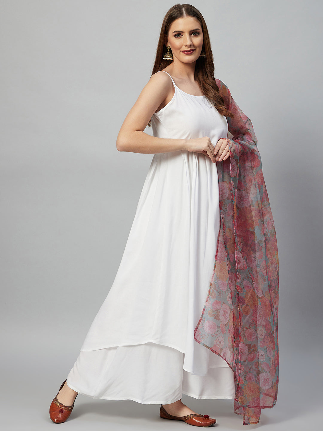 InWeave White Strappy Set - Green Organza Dupatta | Grocsy