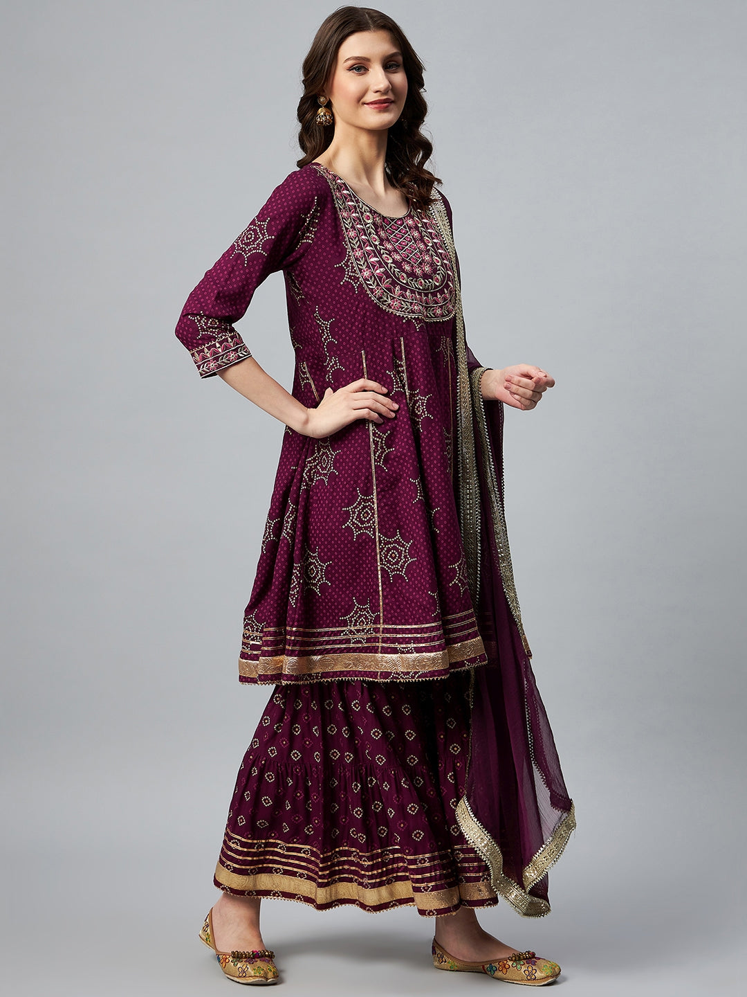 InWeave Wine Gota Mirror Sharara Set | Grocsy