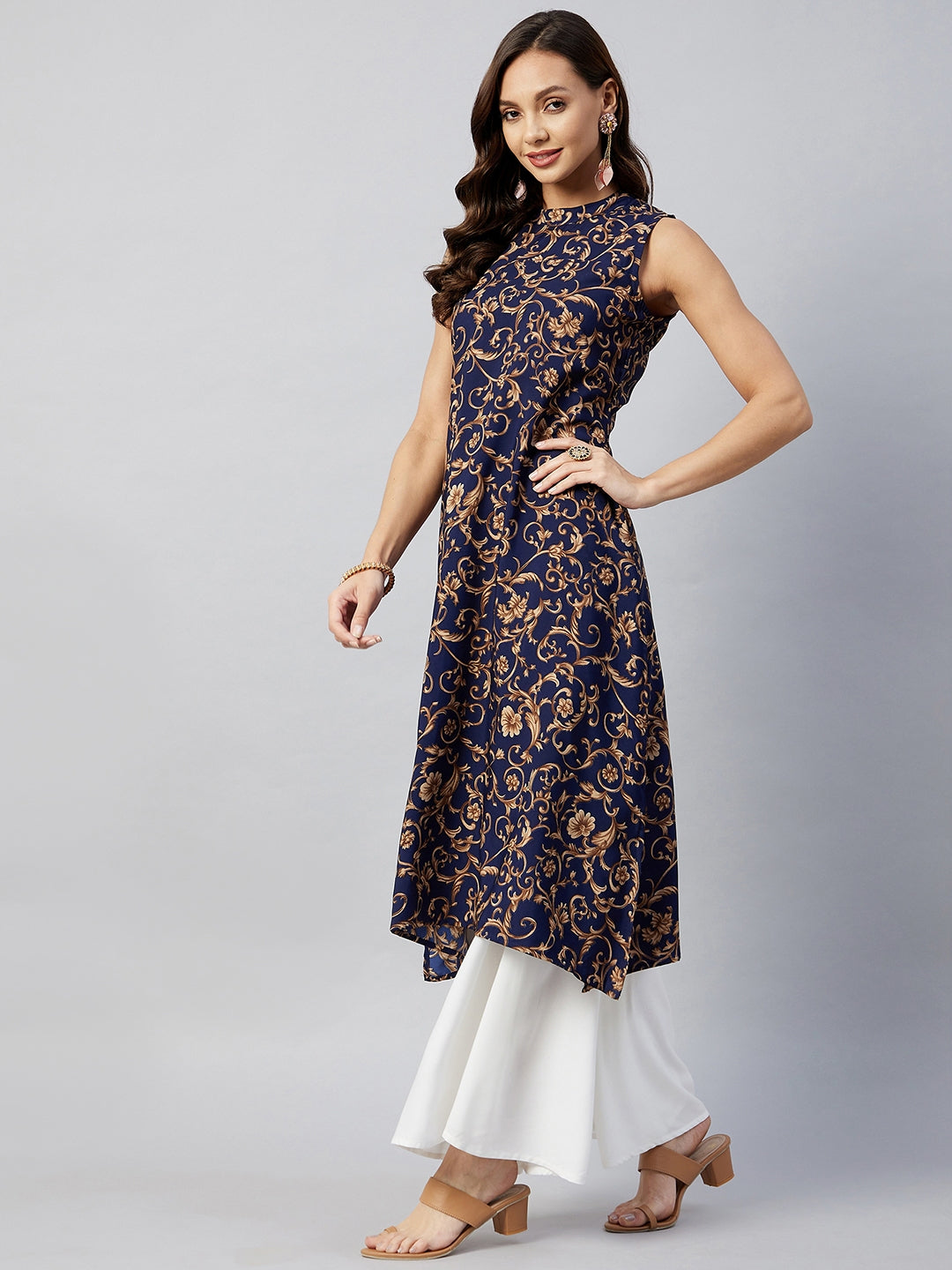 InWeave Women's Blue Jaal Print Halter Kurta Set | Grocsy