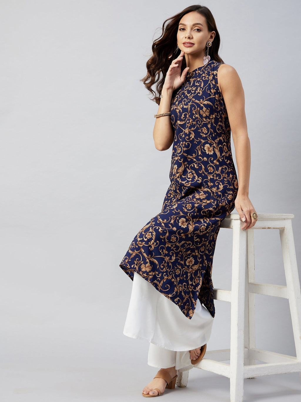 InWeave Women's Blue Jaal Print Halter Kurta Set | Grocsy