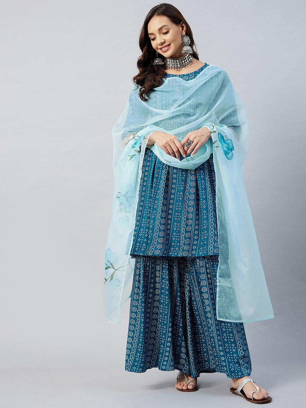 InWeave Women's Ocean Blue Bandhej Sharara Set Blue Hand Print Dupatta | Grocsy