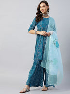 InWeave Women's Ocean Blue Bandhej Sharara Set Blue Hand Print Dupatta | Grocsy