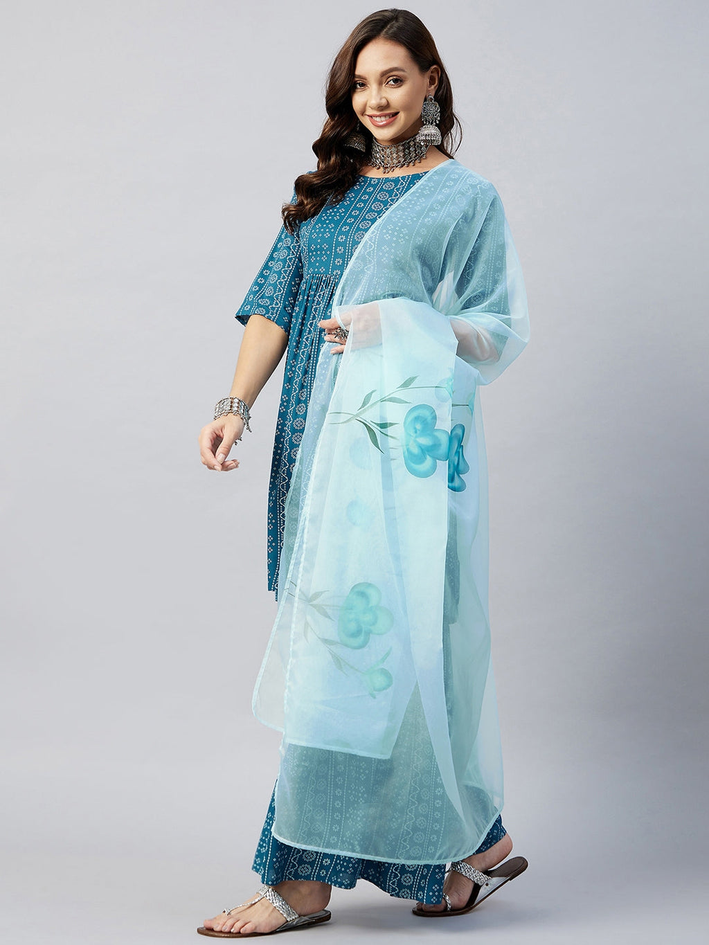 InWeave Women's Ocean Blue Bandhej Sharara Set Blue Hand Print Dupatta | Grocsy