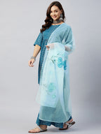 InWeave Women's Ocean Blue Bandhej Sharara Set Blue Hand Print Dupatta | Grocsy