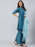 InWeave Women's Ocean Blue Bandhej Sharara Set Blue Hand Print Dupatta | Grocsy