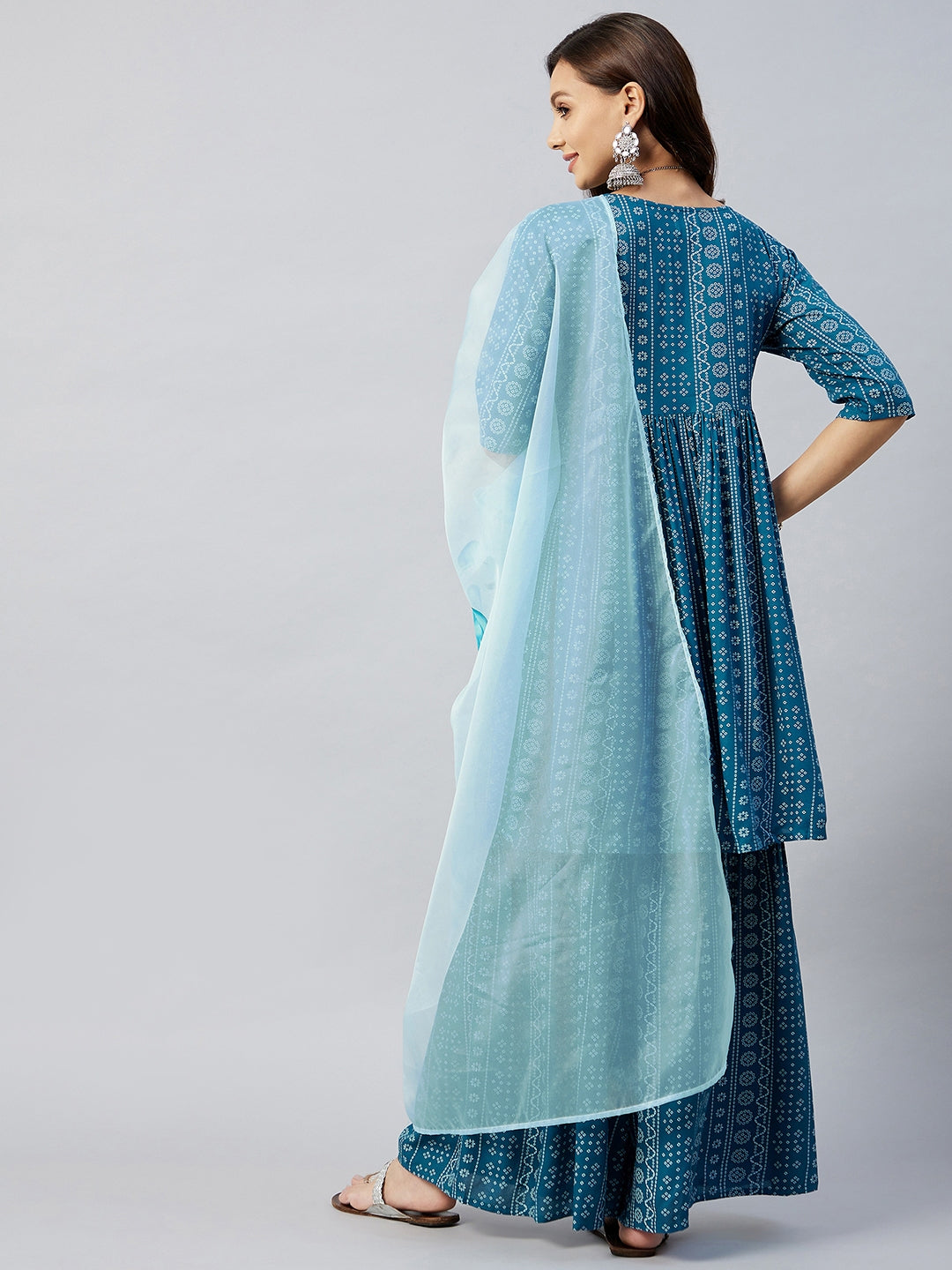 InWeave Women's Ocean Blue Bandhej Sharara Set Blue Hand Print Dupatta | Grocsy