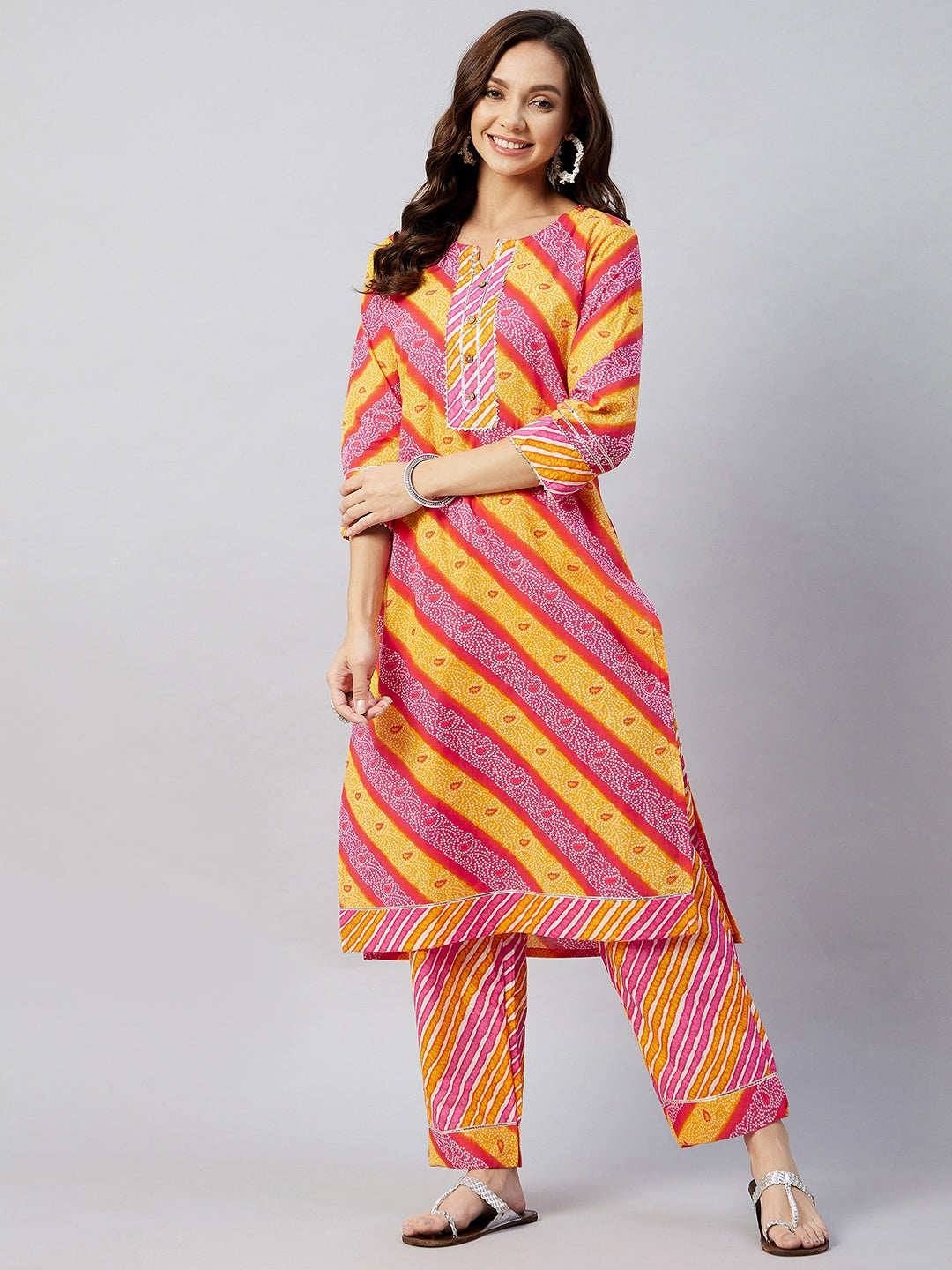 InWeave Women's Pink Mustard Lehriya Straight Kurta Set | Grocsy