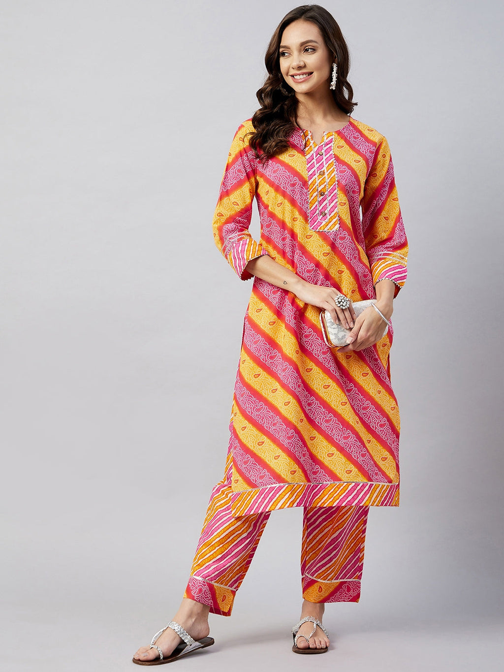 InWeave Women's Pink Mustard Lehriya Straight Kurta Set | Grocsy