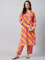 InWeave Women's Pink Mustard Lehriya Straight Kurta Set | Grocsy