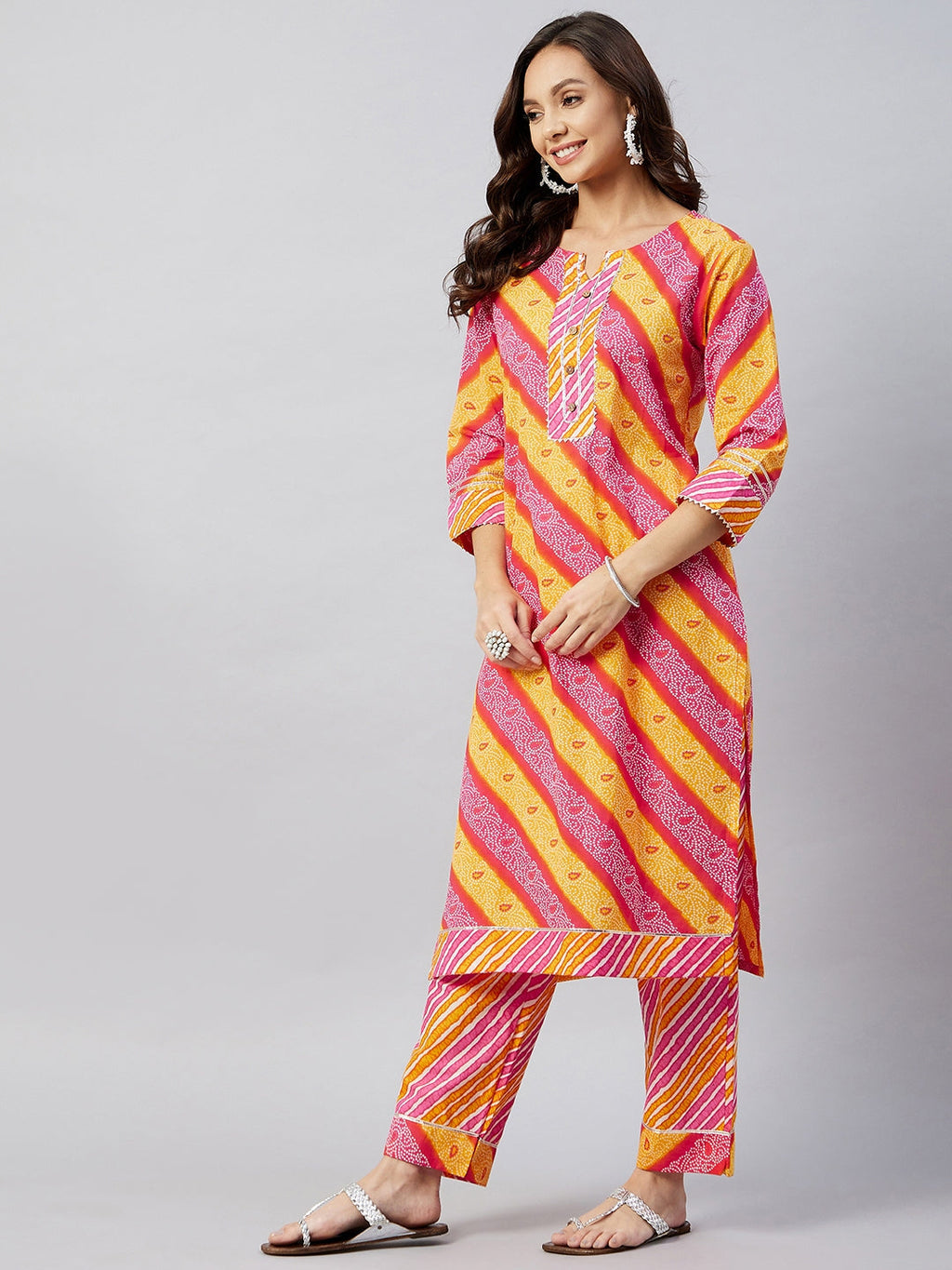 InWeave Women's Pink Mustard Lehriya Straight Kurta Set | Grocsy