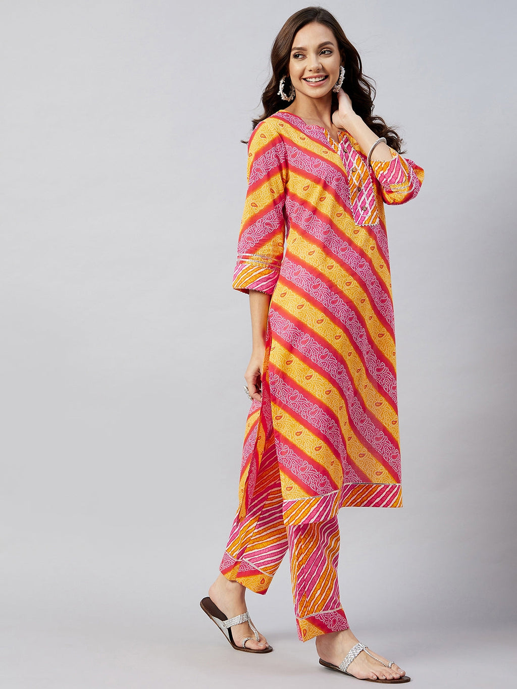InWeave Women's Pink Mustard Lehriya Straight Kurta Set | Grocsy
