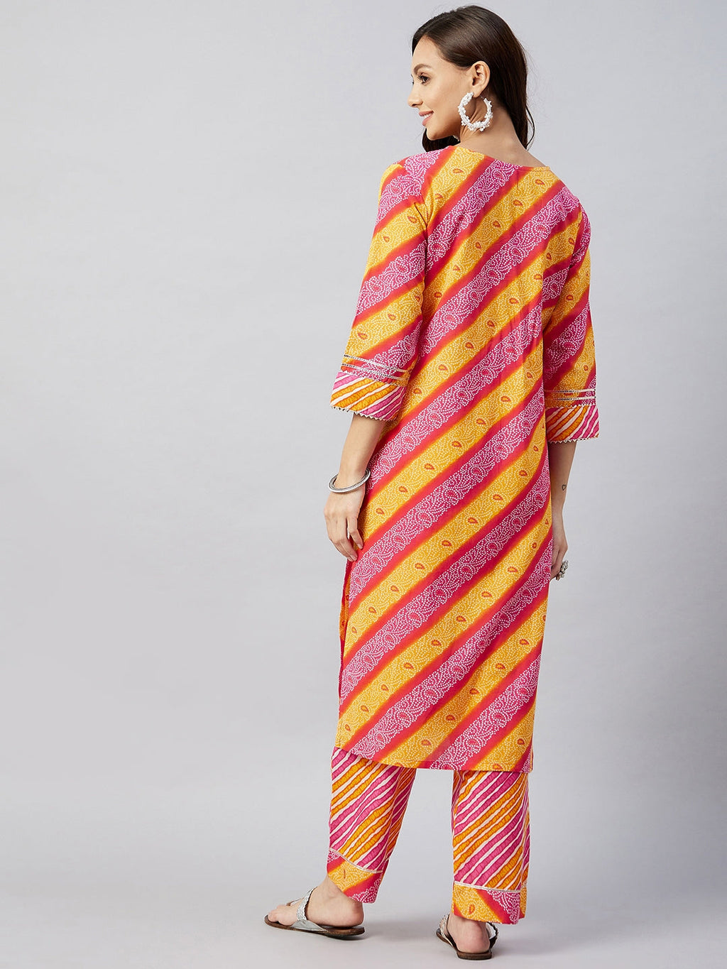 InWeave Women's Pink Mustard Lehriya Straight Kurta Set | Grocsy