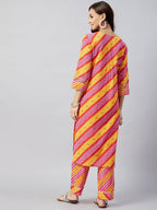 InWeave Women's Pink Mustard Lehriya Straight Kurta Set | Grocsy